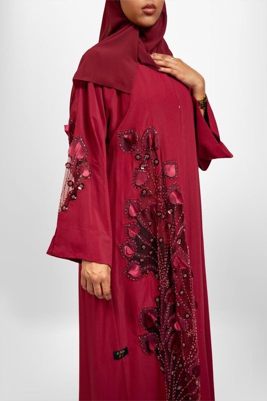 Red abaya with red flowers: “Nabila 01”