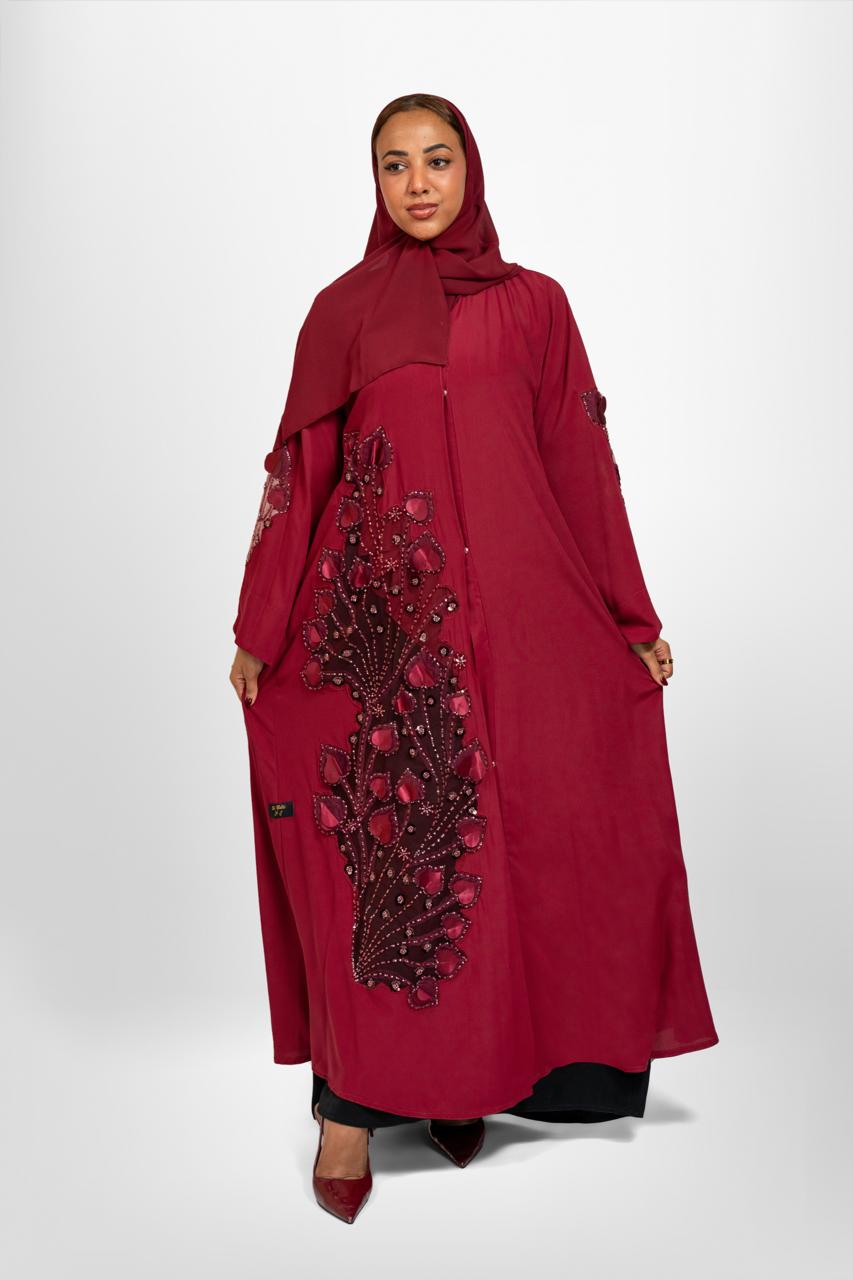 Red abaya with red flowers: “Nabila 01”