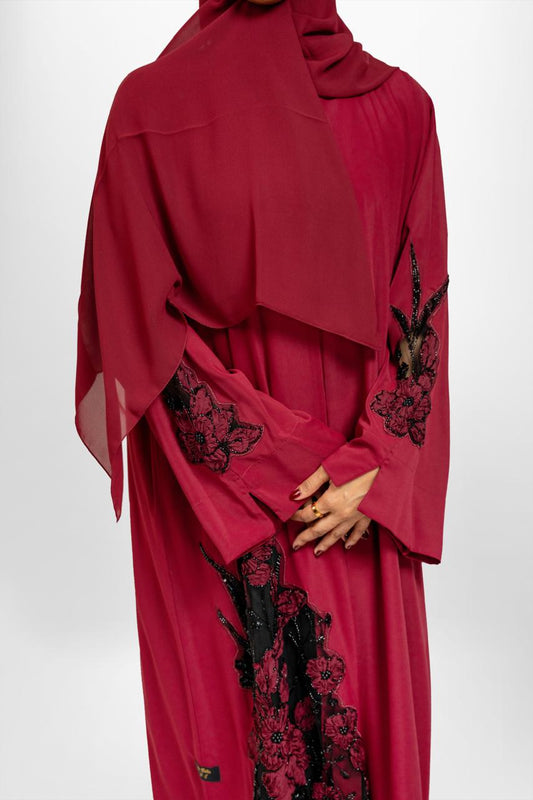 Red abaya with black flowers: “Nabila 02”