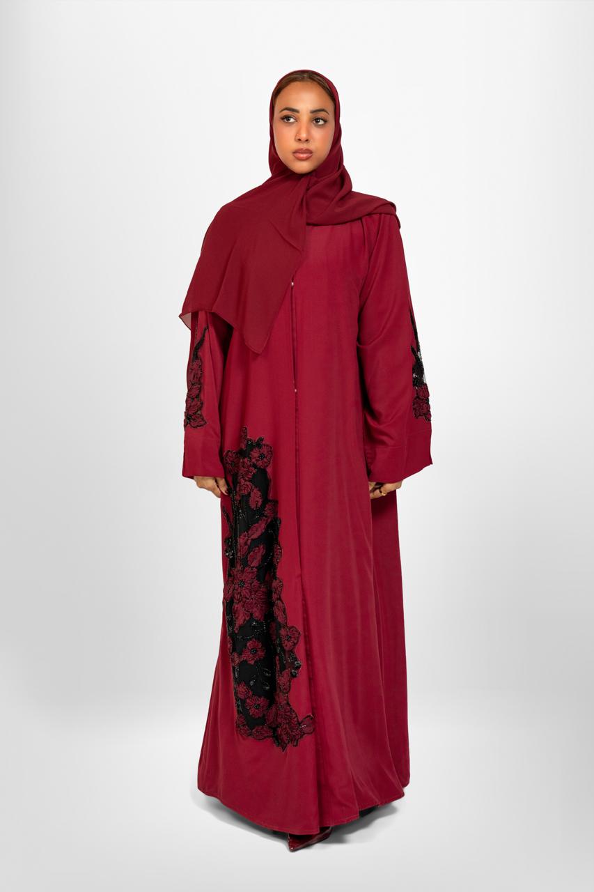 Red abaya with black flowers: “Nabila 02”